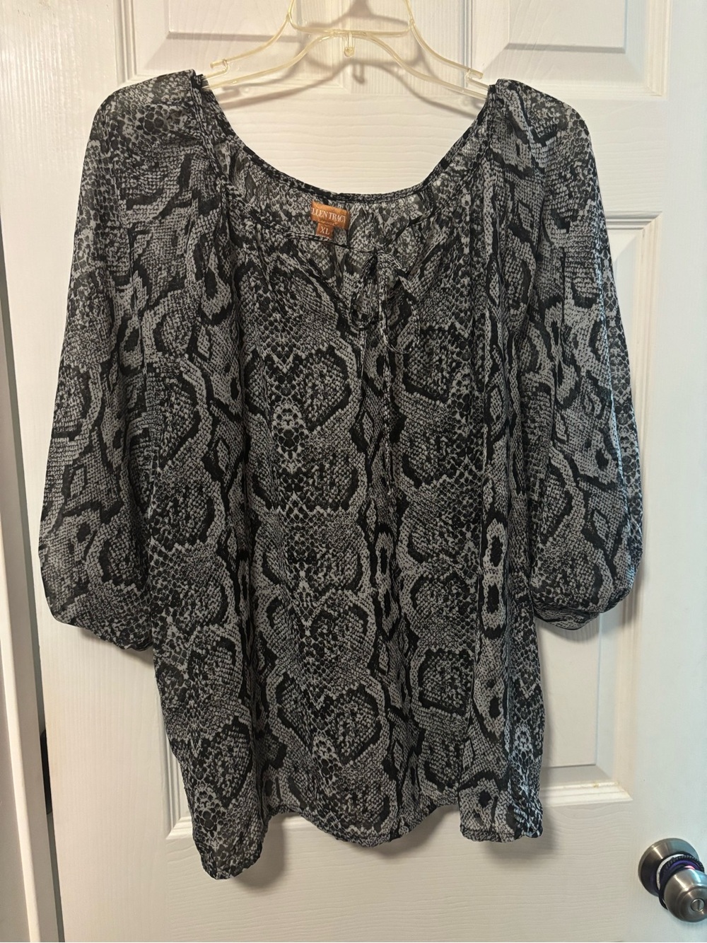 Ellen Tracy XL Sheer Snake Print Tie Front Top Peasant Top